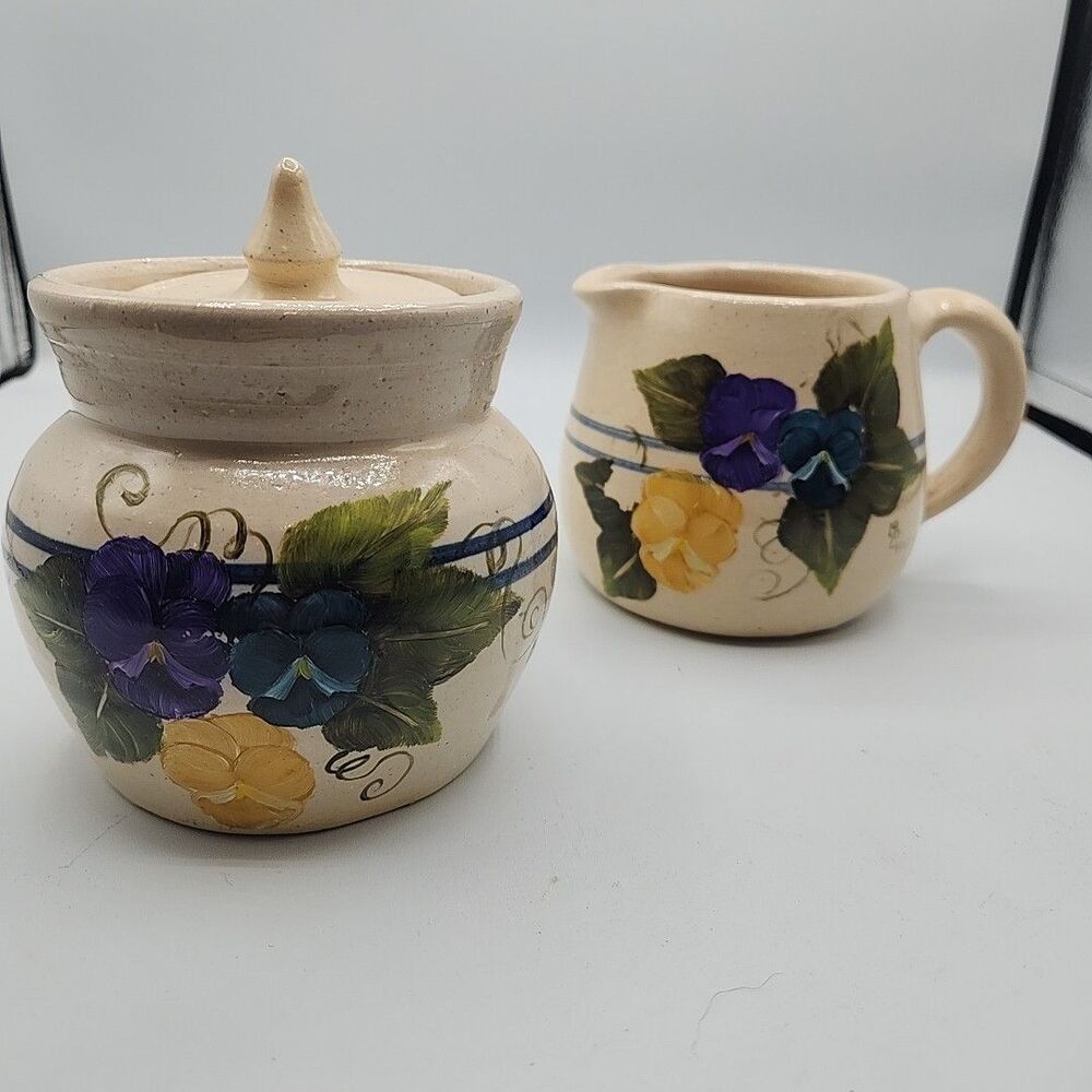 Marshall Pottery TX Cream Sugar Bowl Blue Striped Hand painted Floral Signed